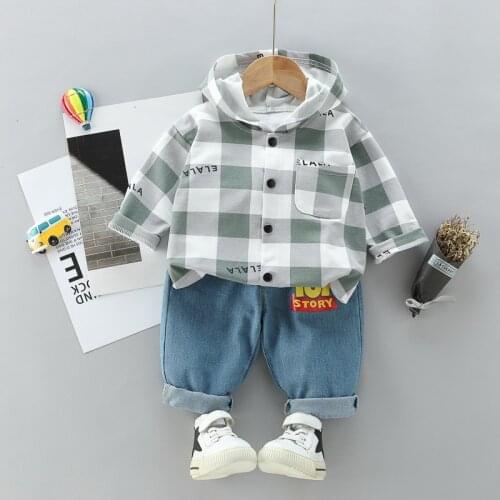 2021 spring and autumn long-sleeved baby clothing plaid hooded childrens suit fashion new boys and girls 2-piece childrens clo