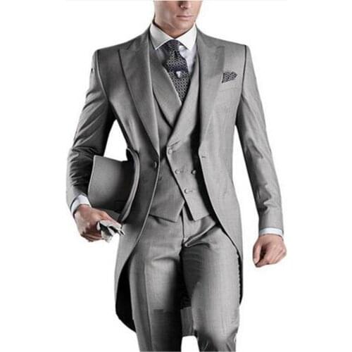 Long Tailor Coat Grey Men Suit For Wedding 3pieces(Jacket+Pants+Vest+Tie) Masculino Trajes De Hombre Blazer