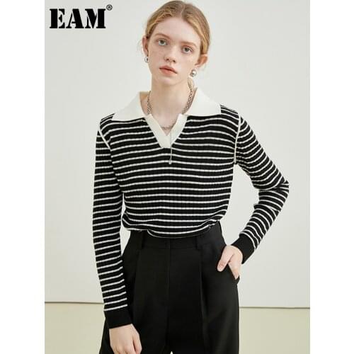 [EAM] Women Black White Striped Knitting Casaul Slim T-shirt New V-Neck Long Sleeve Fashion Tide Spring Autumn 2021 1DE2359