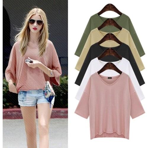 Plus Size 6XL 2021 Summer New T-shirts Womens Casual Loose Shirts Female Sexy V-neck T-shirts Womens Solid Shirts Women Clothing