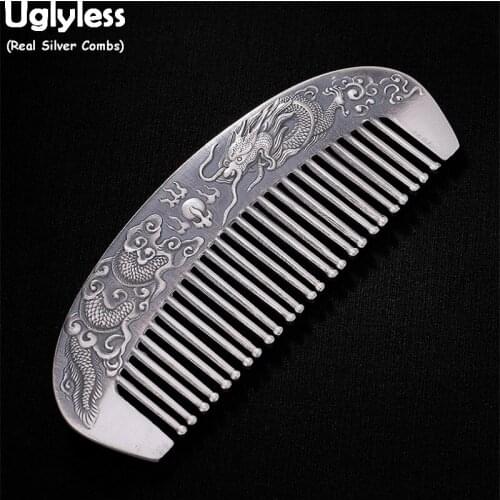 Uglyless 999 Pure Silver Thai Silver Combs for Women China Chic Dragon 100 FU= GOOD LUCK Hair Comb Health Care Hair Jewelry Gift