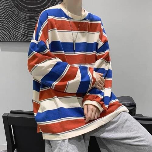 Hong Kong wind ins striped mens fashion Korean version of loose bf Harajuku wind couple wear long-sleeved T-shirt