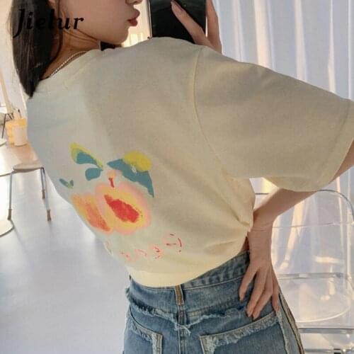Jielur Korean Style Cotton and Linen Tee Shirt Women Apricot Peach Short-sleeved Tshirt Women Letter Print Loose Summer Top S-L