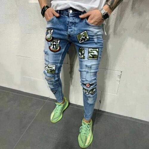 Summer High Resiliencs Skinny Jeans Men Beggar Streetwear Broken Hole Jeans Hip Hop male Pencil Biker Embroidery Patch Jeans