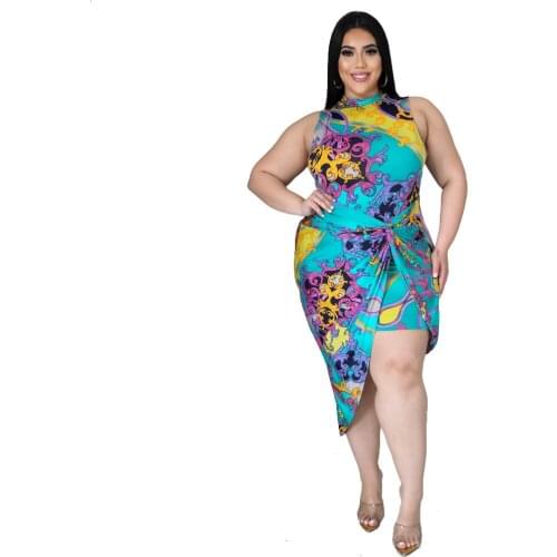 Lrregular Dress 2021 Summer Waist Round Collar Big Size Fashion Temperament Dress Sexy Dashiki Sleeveless Women New Vestidos 4XL