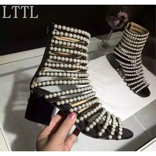 LTTL Luxury Designer Sandals Women High Heel Cut Out Open Toe Summer Shoes Ankle Boots Flashion Pearls Studded Gladiator Sandals