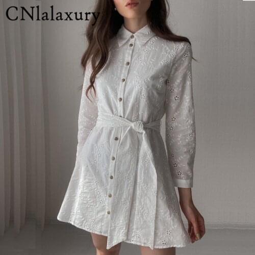 2121 New Turn Down Collar Mini Dresses Women Elegant Hollow Out Embroidery Summer Dress Female Single Breasted Vestido De Mujer