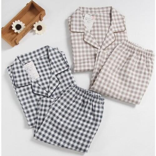 Mens Short-sleeved Summer Cotton Yarn Nightwear Plaid Turn-down Collar Men Pajama Sets Plus Size Pijama Pajamas Sleeping Suits