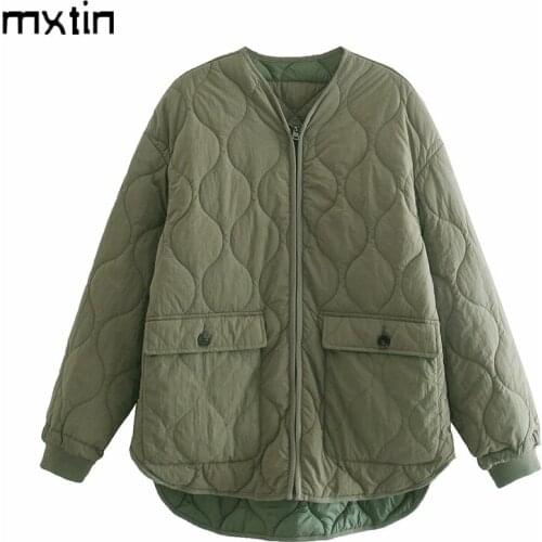 MXTIN 2021 Women Winter Vintage Solid Cotton Pockets Jackets Fashion Long Sleeve Double-Sided Warm Parkas Female Outerwear Tops