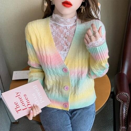 Fall 2021 Knitted Cardigan Button Up Korean Cute Sweaters Cropped Women Kawaii Rainbow striped Sweater Knitting Top Streetwear