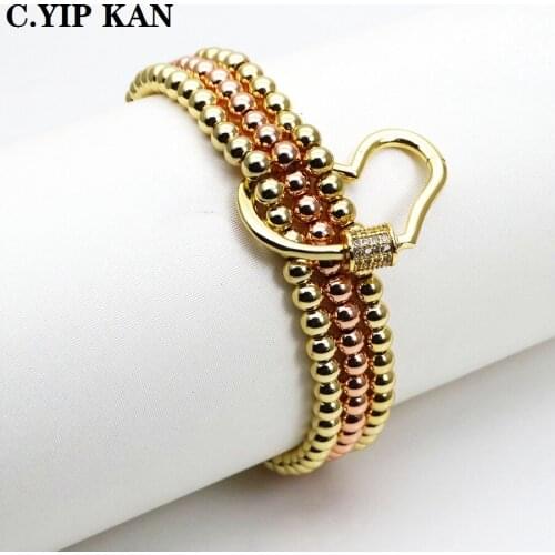 Personal irregular love micro pave zircon spiral buckle connected 4mm mix gold plated opper beads female jewelry bracelet