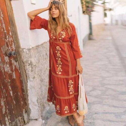 Gypsylady Summer Dress Retro Embroidery Floral Dresses Women V-neck Casual Loose Long Dress New Ukraine Dress Female Beach