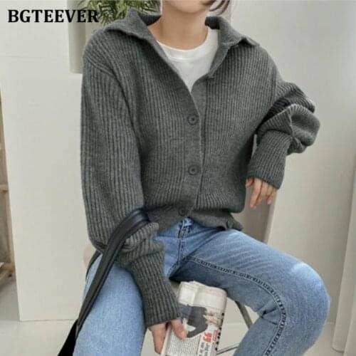 BGTEEVER Casual Turn-down Collar Single-breasted Women Knitted Open Stitch Autumn Winter Warm Loose Female Sweater Cardigan 2020