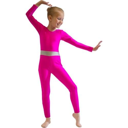Two Tone Long Sleeve Girls Dance Unitard Young Girls Performance Costume Long Bodysuit Shiny Lycra Gymnastics Bodysuit Ladies