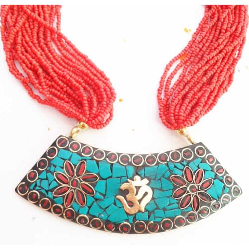 TNL600 Nepal Big Vintage Pendants Red Mini Beaded Necklace Tribal fashion Wholesale Tibetan Jewerly Handmade