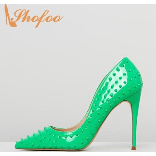 Neon Green Rivets Stilettos Pointed Toe Pumps Woman High Thin Heels Ladies Dance Party Shoes Large Size 30 33 35 Fashion Mature