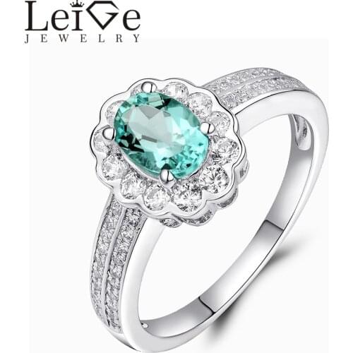 Leige Jewelry Oval Cut Natural Apatite Ring Green Gemstone Sterling Silver Halo Engagement Anniversary Rings for Women