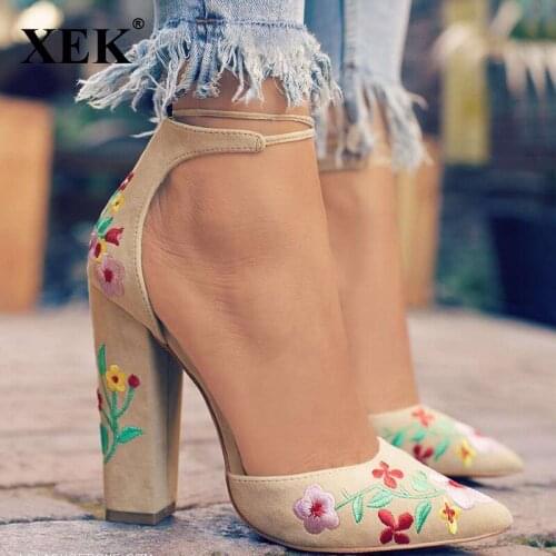 XEK 41 Size Embroider Women Pumps High Heels Pointed Toe Lace up Cross-tie Women High Heels Elegant Ladies Shoes Women WFQ92