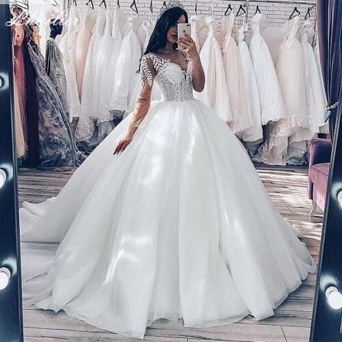 Lhuilier Womens Lace Apliques Ball Gown Wedding Dresses 2020 V-Neck High Waisted Beaded Full Sleeves Floor Length Bridal Gowns