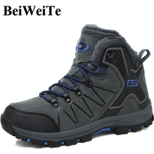Winter Men Sneakers Tourism Hiking Boots Warm Fur Lined Trekking Shoes Climbing Hunting Snow Walking Outdoor Mountain Shoes New