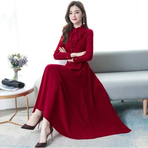 2021 Vintage Solid Chiffon Lady Maxi Dresses Autumn Winter 3XL Plus Size Long Sleeve Dress Elegant Women Bodycon Party Vestidos