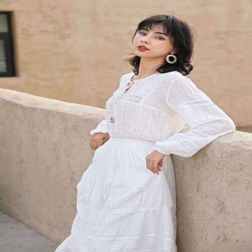 Kiyumi White Embroidered Maxi Dresses Bohemian Women Elegant Fashion Beach Long Dresses Patchwork Lace Sashes Long Sleeve Dress