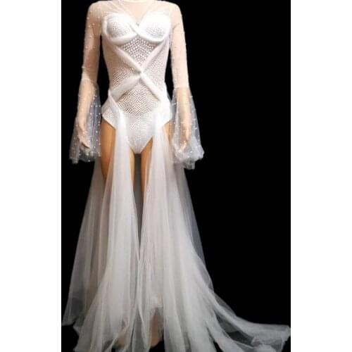 Sexy White Perspective Pearl Bodysuit Mesh Trailing Women Prom See Through Bodysuits Singer Stage Leotard Show Dance Costumes