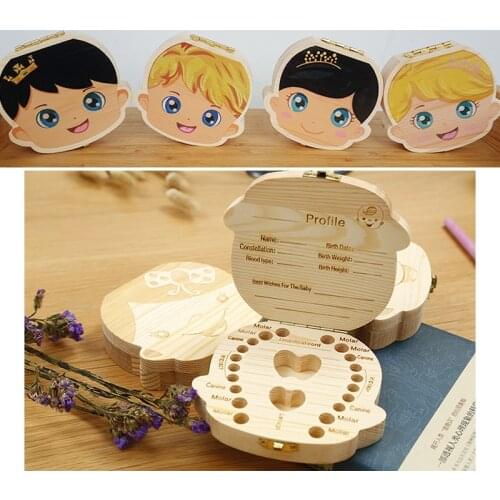 Wooden Baby Tooth Box English /Spanish /Portuguese Milk Teeth Umbilical Organizer Storage Boys Girls Souvenir Case Baby Gifts
