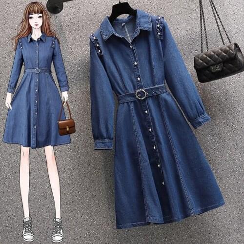 EHQAXIN Womens Denim Dresses Summer Autumn 2021 Fashion New Style Beaded Buttons A-Shaped High Waist Long Dress With Belt L-4XL