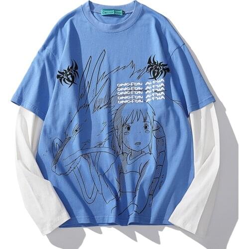 Anime Cartoon Hip Hop T Shirts Men Fashion Winter Long Sleeve Streetwear T-shirt Cotton Harajuku Tops Color Block Gothic Tees