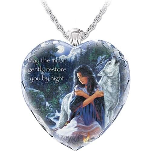 Exquisite Heart-Shaped Crystal Necklace Pendant Girl and Wolf Pattern Necklace