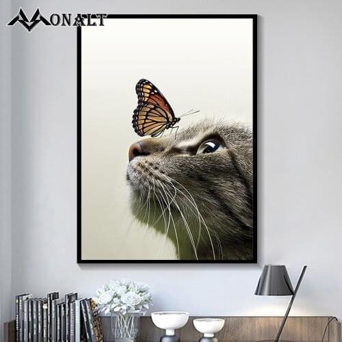 Canvas Painting wall art Cat butterfly poster and Prints for childrens room HD Animal picture Nordic Decorative Paintings