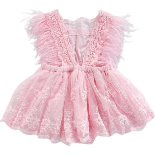 Baby Girls Sleeveless Romper Dress Summer Floral Lace Solid Color Tassel Bodysuit Tutu Dress Feather Princess Dress