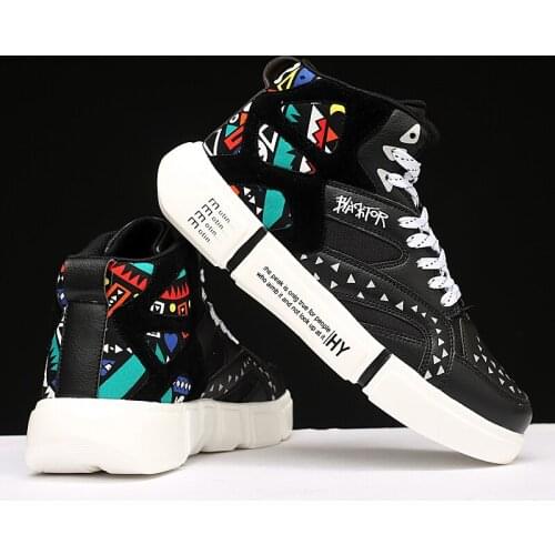 Autumn Winter Black Fashion Print Men Women Skate Shoes Plushed High-top Flat Casual Sneakers Men Chunky Comfort Women Sneakers