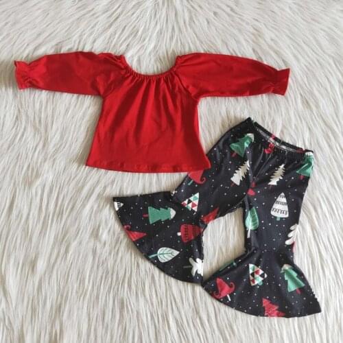 RTS baby girls boutique outfits clothing sets long sleeve shirt top bell bottom pants wholesale kids clothing clothes Christmas