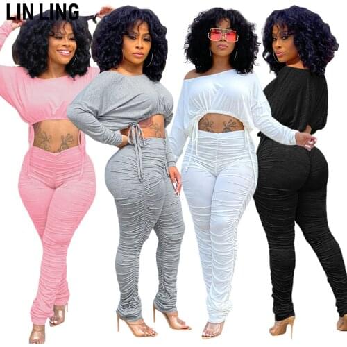 LINLING Fashion Simple Round Neck Pleated Drawstring Short Sleeves with High Waist Straight Pants Matching Sets for Women