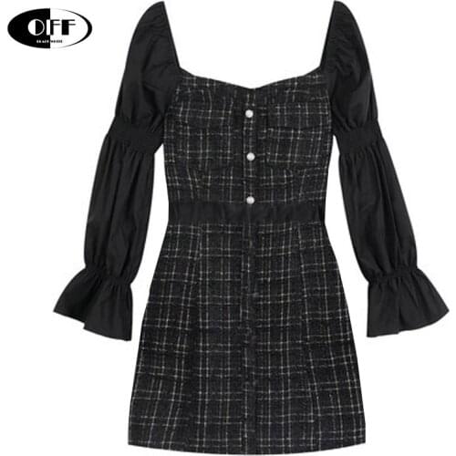 Autumn Spring Traf Knitted Patchwork Black White Mini Dress Casual Elegant Long Sleeve Women Clothes Plaid Bodycon Slinky Dress