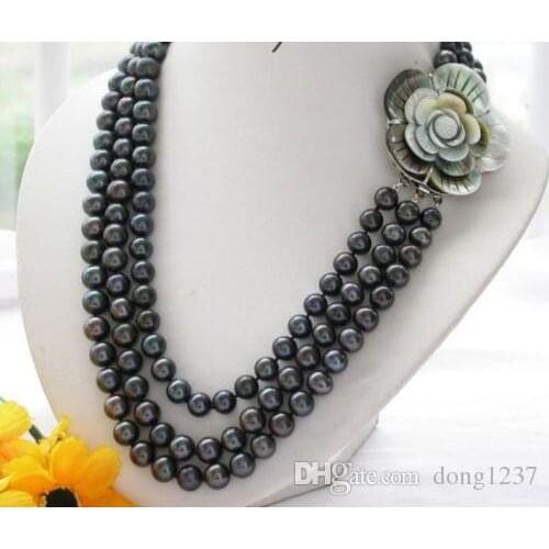 Triple strands 8-9mm south seas white pearl necklace 18-22inch>>> free shipping