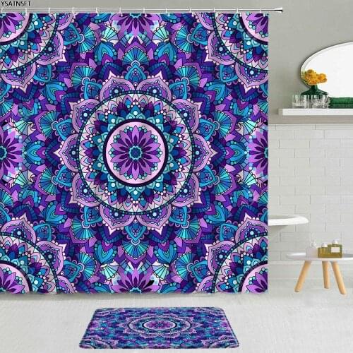 2Pcs Luxury Blue Mandala Flower Shower Curtain Creative Bohemian Style Bathroom Non-Slip Bath Mat Curtains Set Home Decoration