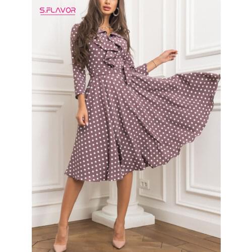 S.FLAVOR Ruffle V-neck Autumn Winter A-line Dress Vintage Polka Dot Women Working Dresses Elegant Slim Midi Party Vestidos De