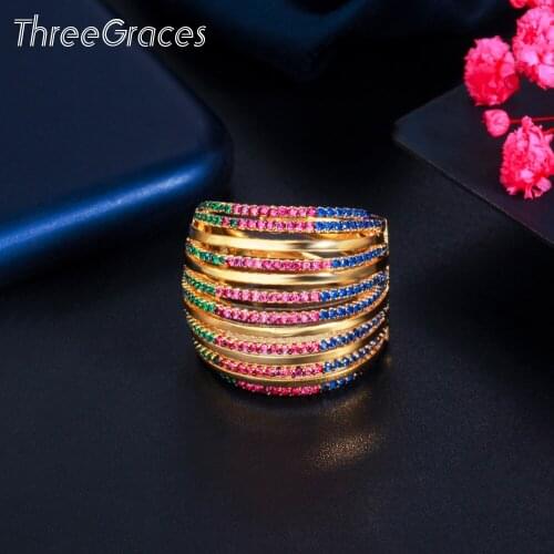 ThreeGraces Adjustable Size Gorgeous Multicolor Cubic Zirconia Gold Color Geometric Round Wedding Rings for Women Jewelry RG144
