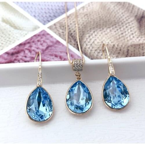 Woman Jewel Set made with Austrian Crystal New Teardrop Earrings and Drop Pendant Necklace Set Girls Wedding Party Bijoux Gift