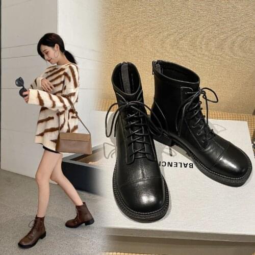 2021 Autumn/Winter Women Shoes Low Heel Round Toe Women Boots Cow Leather Boots Women Brown Lace-up Fashion Women Ankle Boots