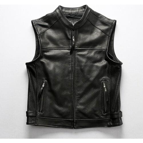 5 days arrival,Mens Mesh Breathable Cowhide Vest Perforated Zipper Thick Genuine Leather Motorcycle Vest Vintage Classic Coat