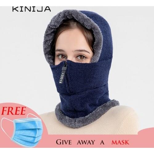 Winter warm Fleece beanie hat men knit skull Scarf neck warmer thick plush women ear protection cap wind cold proof neck cap