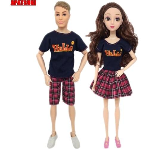 2sets/lot Hello Letter Print Shirt Top Short Dress For Barbie Doll Clothes for Ken Doll Outfits Casual Daily Clothes Accessories