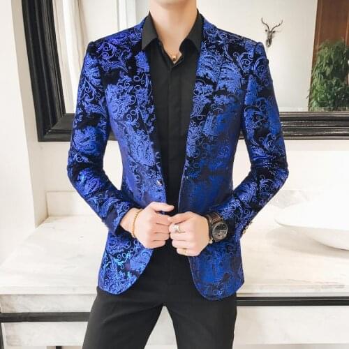 2021 spring Autumn Europen style unique pattern Bronzing suit men casual Slim blue printed velvet suit for men M-5XL