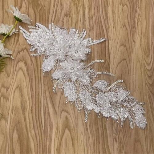 3Pcs Sequins rhinestone Embroidered Collar Flower Cloth Applique Beaded 3D Embroidery Wedding Dress Cloth Lace Patch