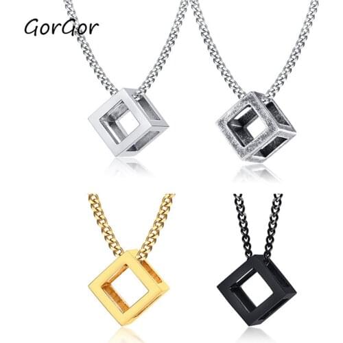 GorGor Trendy Classic Stainless Steel Hollow Geometric Cube Sports Tide Brand Pendant Necklace for Fashion Men Gift PN-1268
