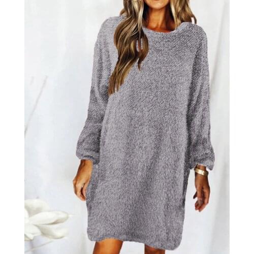 Fashion Autumn Winter Warm plush fleece mini dress Womens Solid Color O-Neck Long Sleeve Loose Plush Dress Sweater Dress